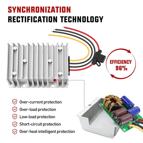 48V 36V To 12V Voltage Converter 360W 30A Regulator with aluminum shell and protection features.