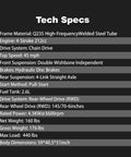 Tech specs of 212cc Gas Powered Go Kart With CVT Belt Drive And 420 Chain Up To 45 MPH, including engine and suspension details.