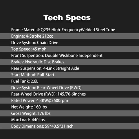 Tech specs of 212cc Gas Powered Go Kart With CVT Belt Drive And 420 Chain Up To 45 MPH, including engine and suspension details.