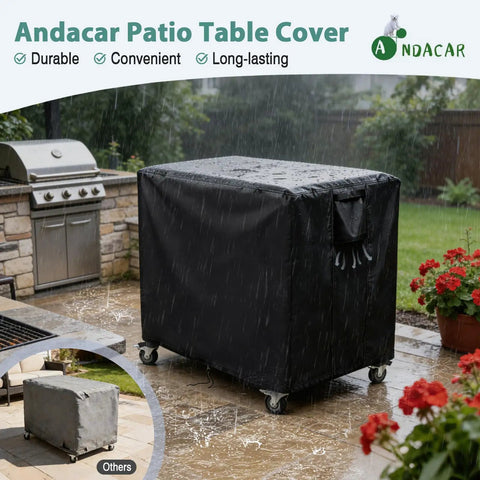 Heavy Duty Waterproof Outdoor Grill Table Cover For Feasto Gas Grill Table And Bar Cart protects against dust sun rain and water while fitting 36 inch long by 24 inch wide by 36 inch high black, shown on a patio in the rain.