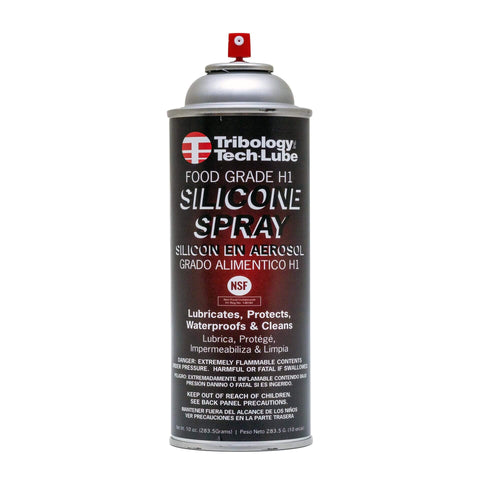 Front view of Silicone Aerosol Lubricant Spray For All Surfaces NSF H1 Food Grade Certified, black canister with red cap.