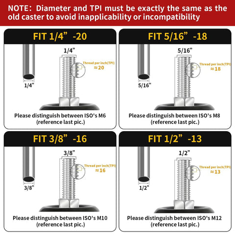 Finnhomy 2-inch stem caster compatibility chart; set of 4 black PU swivel wheels, thread sizes 1/4-20 to 1/2-13.