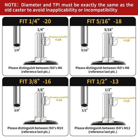 Fit specifications for Heavy Duty 2 Inch Polyurethane Swivel Caster Wheels With Locking Brake Set Of 4 Black Threaded Stem Casters.