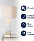 Brass Gold White Marble Table Lamp With Linen Rectangle Shade 29 Inch Tall Dope Sleek Contemporary Transitional Bedside Lamp