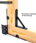 Anti Sag Gate Frame Kit With Heavy Duty Adjustable Gate Hardware And Gate Latch For Wooden Fences Driveway Gates Shed Doors Corral Gates And Wood Windows A Sturdy Corner Brace Bracket That Keeps Your Gate Level showing bracket and hinge detail on wood two-by-four frame.