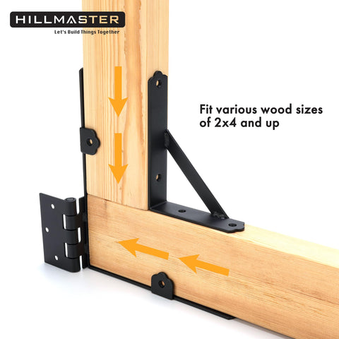 Anti Sag Gate Frame Kit With Heavy Duty Adjustable Gate Hardware And Gate Latch For Wooden Fences Driveway Gates Shed Doors Corral Gates And Wood Windows A Sturdy Corner Brace Bracket That Keeps Your Gate Level showing bracket and hinge detail on wood two-by-four frame.