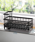 Auto Draining Sponge Holder For Kitchen Sink With Detachable Rack And High Brush Holder, black metal caddy on countertop