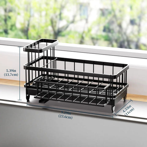 Auto Draining Sponge Holder For Kitchen Sink With Detachable Rack And High Brush Holder, black metal caddy on countertop