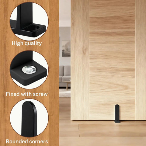Four Pack Universal Black Closet Door Floor Guides With Screws For 1 3 8 Inch Thick Doors ABS Closet Track Guide For Sliding Cabinet Doors Keeps Panels Riding Smooth And Aligned On The Floor, shown with door.