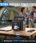 Compact 200W Portable Power Station With 192Wh LiFePO4 Battery Solar Generator on a camping table outdoors.