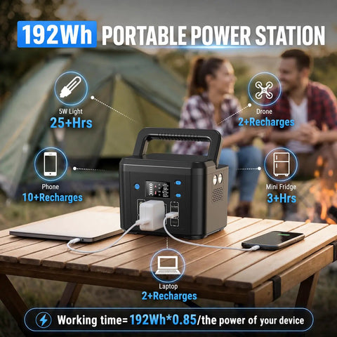 Compact 200W Portable Power Station With 192Wh LiFePO4 Battery Solar Generator on a camping table outdoors.