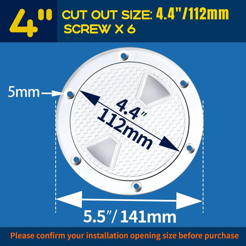 Beefy White Round No Slip Inspection Hatch Set 4 6 8 Inch With Detachable Cover For Boats Yachts Trucks And RVs Weather Tight ABS Deck Hatch O Ring Sealed 2 Pack, showing 4-inch cut out size