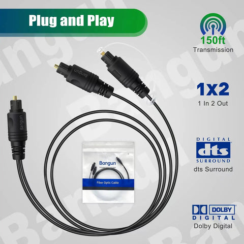 Toslink Optical Audio Splitter Cord One To Two Digital Fiber Optic Y Splitter For Living Room Soundbars Console Gaming Straight Hookup Zero Signal Loss Drop Some Sweet Tracks 6Ft Long with connectors and packaging