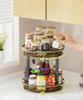 Wooden Ten Inch Lazy Susan Spice Rack Organizer Two Tier For Cabinet And Countertop Kitchen Pantry Condiment And Seasoning Rack With Dope Durable Wood And Metal Frame For Easy Access showing jars and spices.