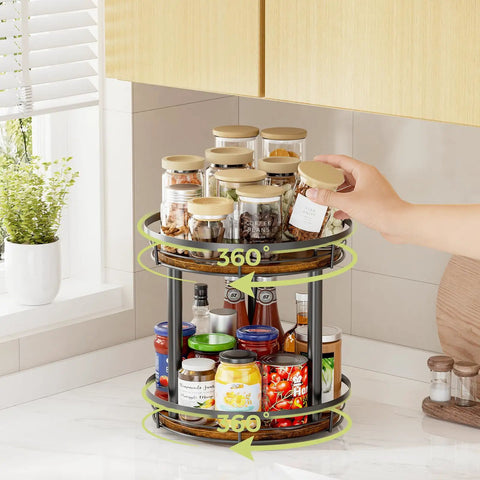 Wooden Ten Inch Lazy Susan Spice Rack Organizer Two Tier For Cabinet And Countertop Kitchen Pantry Condiment And Seasoning Rack With Dope Durable Wood And Metal Frame For Easy Access showing jars and spices.