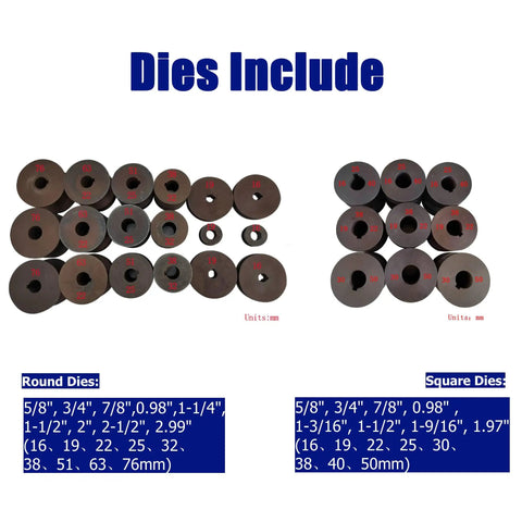 Heavy Duty Electric Pipe Tube Bender Machine With 17 Die Set for round and square tube bending dies displayed.