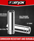 Built Tough Two Piece One Quarter Inch Drive Ten Millimeter Deep Socket Set Chrome Vanadium Steel Six Point High Torque Design And Slick Mirror Finish Real Deal Daily Grind Garage Workhorse isolated on black background.