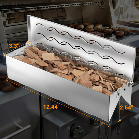 Stainless Steel Wood Chip Smoker Box with Hinged Lid Double V Shape for Charcoal or Propane Grills showing dimensions and wood chips