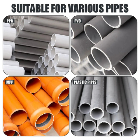 Various types of pipes including PPR, PVC, MPP, and plastic pipes suitable for use with the All In One Pipe Threading Kit For Home Plumbing DIY Internal And External Thread Tools In One Pack Carbon Steel One Half Inch And Three Quarter Inch PVC Threader Includes Thread Seal Tapes And Gloves For Quick Repairs.