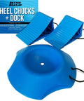 Two Trailer Wheel Chocks With Rope And Wheel Dock For Boat Trailers Travel Campers And RV Accessories Keeps Wheels From Rolling On All Trailer Tires And Easy No Hassle Setup Anywhere, blue plastic chocks and dock.