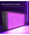Built Tough 3D Printing Curing Light Featuring Dual Wavelengths For Rapid Resin And Glue Hardening Over Large Areas Quick Dry Time No Stress Setup Top Tier Results oversized LED UV lamp with purple illumination and large panel design.