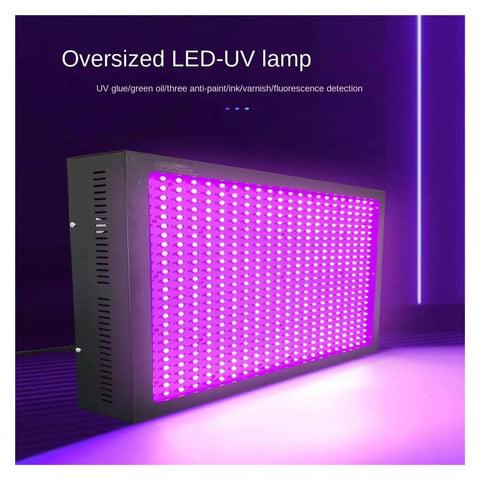 Built Tough 3D Printing Curing Light Featuring Dual Wavelengths For Rapid Resin And Glue Hardening Over Large Areas Quick Dry Time No Stress Setup Top Tier Results oversized LED UV lamp with purple illumination and large panel design.