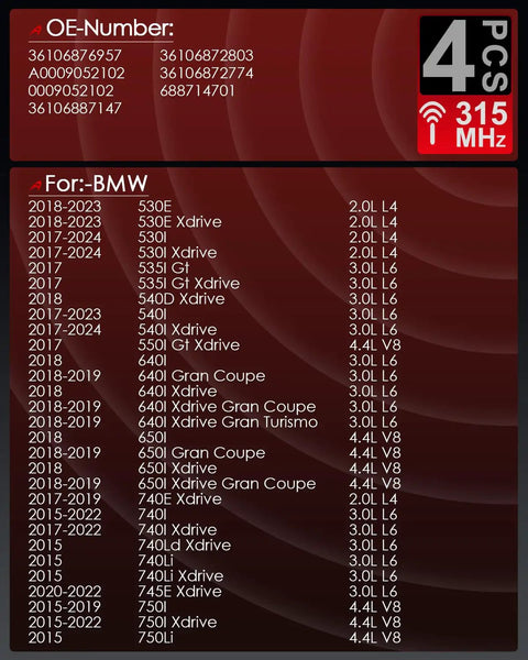 Top Shelf Preprogrammed 433Mhz Tpms Tire Pressure Monitor Sensor For G30 Bmw showing OE numbers and compatible BMW models.