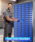 Heavy Duty 100 Drawer Parts Cabinet With Adjustable Dividers And Labels, steel organizer for garage, man using easy-grip handle