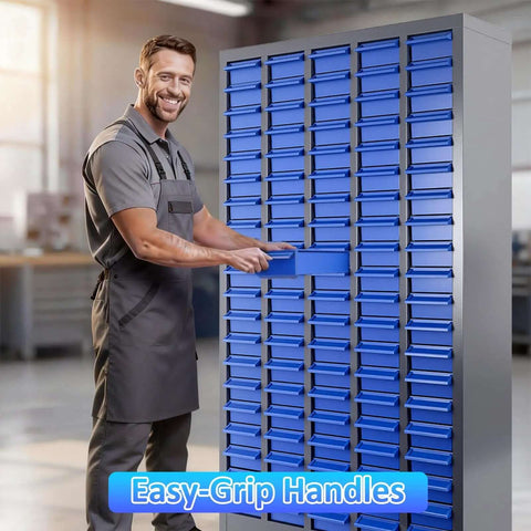Heavy Duty 100 Drawer Parts Cabinet With Adjustable Dividers And Labels, steel organizer for garage, man using easy-grip handle