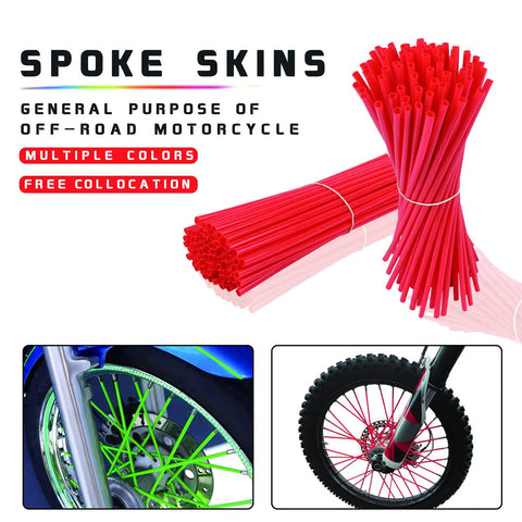 72Pcs Universal Wheel Spoke Wraps Skins For Motorcycle Dirt Bike Rims Purple High Temperature Resistant Plastic Protectors Bright Color Spoke Covers Easy Fit For All Bikes Shields Two Rims in red variant.