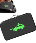 Waterproof EV Charging Cable Organizer Bag That Keeps Your Stash Shipshape With A Street Smart Rectangle Design Built Tough For Cars Trucks And Hassle Free Garage Storage, black bag with green car logo.