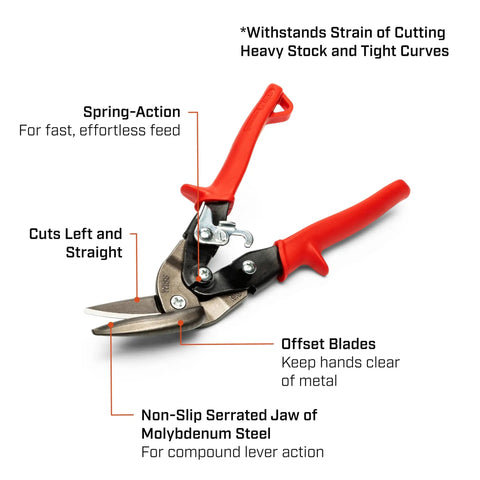 Compound Action Offset Long Cut Aviation Snips with red handles and serrated jaw, labeled features shown