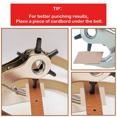 Heavy Duty Belt Hole Puncher For Leather 6 Size Revolving Hole Punch Tool with sample use on leather strap and cardboard backing.