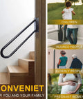 Sturdy 28 Inch Jamb Mounted Handrails 2 Pack U Shape Wall Mount For 1 To 3 Step Stairs Black Wrought Iron Porch Indoor Outdoor Heavy Duty Cast Iron Stairs Rail Vintage Style Look next to stairs with usage examples for children, injured people, elderly people, and pregnant women.