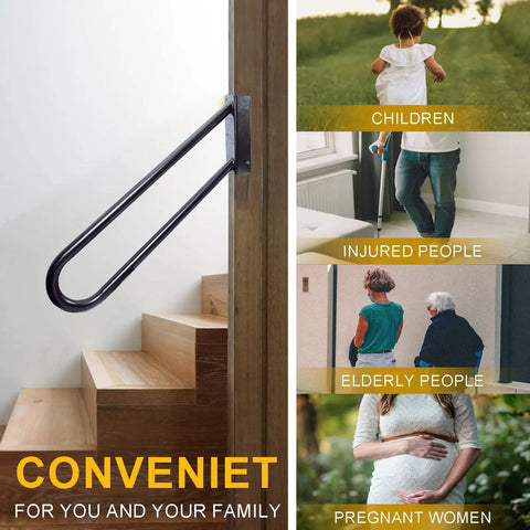 Sturdy 28 Inch Jamb Mounted Handrails 2 Pack U Shape Wall Mount For 1 To 3 Step Stairs Black Wrought Iron Porch Indoor Outdoor Heavy Duty Cast Iron Stairs Rail Vintage Style Look next to stairs with usage examples for children, injured people, elderly people, and pregnant women.