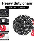 Coiled 3/8 inch heavy-duty Grade 80 chain with red grab hook, for G80 Chain And Ratchet Binder Set 3/8 To 1/2 Inch hauling use.