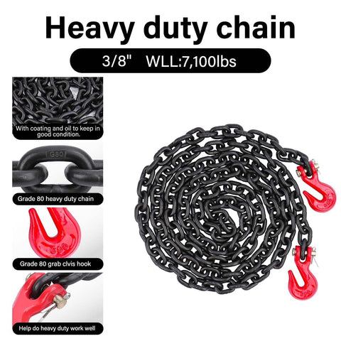 Coiled 3/8 inch heavy-duty Grade 80 chain with red grab hook, for G80 Chain And Ratchet Binder Set 3/8 To 1/2 Inch hauling use.