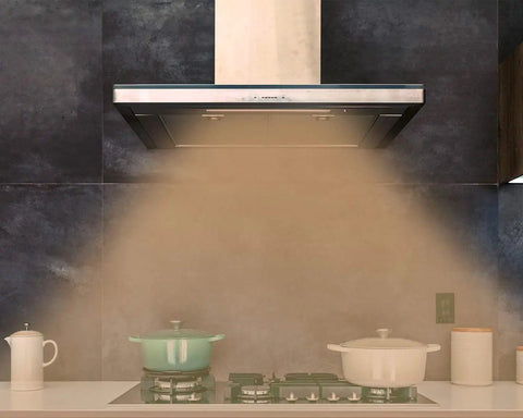 Range hood venting steam above stove, ideal area for Soft White LED Appliance Light Bulb For Refrigerator And Over Microwave Hood Stove Replacement.