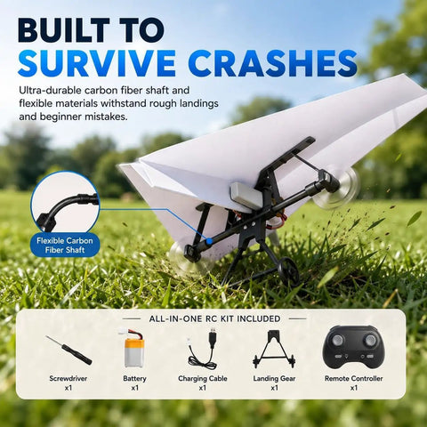 Image displaying Electric Remote Control Paper Airplane Kit With Gyro Stabilizer And Dual Propellers For Real Outdoor Fun, includes components
