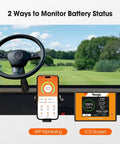 Illustration showing app and LCD screen monitoring for 36V 38.4V Compatible LiFePO4 Golf Cart Battery Upgrade Kit With Charger.