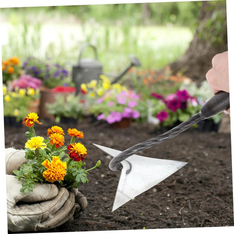 Beast Triangle Garden Hoe Tool for Digging and Manuring Sturdy Pointed Hoe Head near colorful flowers in garden