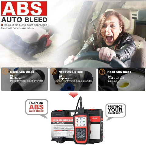 All In One Auto Bleed Scan Tool For ABS Bleeding And OBD2 SRS Diagnostics With Oil Reset BMS EPB Airbag SAS Services And Brake Bleeding For Specific Vehicles Up To 2015 GM Up To 2018 With Lifetime Updates and woman pressing brakes