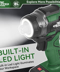 21V Brushless Impact Screwdriver Kit With 230Nm Torque, Cordless Driver Set showing built-in LED light on workspace