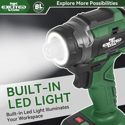 21V Brushless Impact Screwdriver Kit With 230Nm Torque, Cordless Driver Set showing built-in LED light on workspace