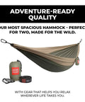 Double Deluxe Hammock 11 Ft Long, 500 Lb Capacity, Ultra Light Packable Ripstop Nylon, setup with carabiners and straps