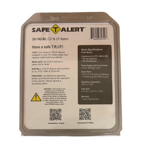 Back view packaging of RV Safety Dual Propane And Carbon Monoxide Alarm Flush Mount 12V Upgrade No Wiring Required Easy Install