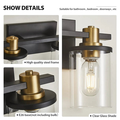 2 Light Vanity Light Fixture Black and Gold With Clear Glass Shade Matte Black Finish Brushed Gold Copper Accent Socket Modern Over Mirror Bathroom Wall Sconce For Bathrooms showing clear glass shade and brushed gold accent