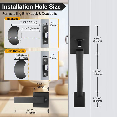 Matte Black Front Door Handle Set With Reversible Lever For Right Or Left Handed Exterior Doors Fits Most Standard Sized Doors Easy Install Durable Aluminum Construction diagram