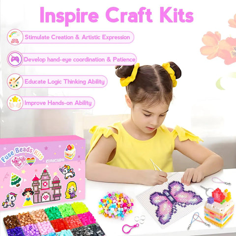Girl using Ultimate 5mm Fuse Beads Kit For Kids Crafts With 48 Colors to make a butterfly design on pegboard.