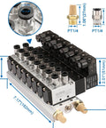 Eight Port Pneumatic Solenoid Valve Set With Two Position Five Way Base Muffler Quick Fittings PT One Eighth Inch DC Twenty Four Volt Solenoid Pack